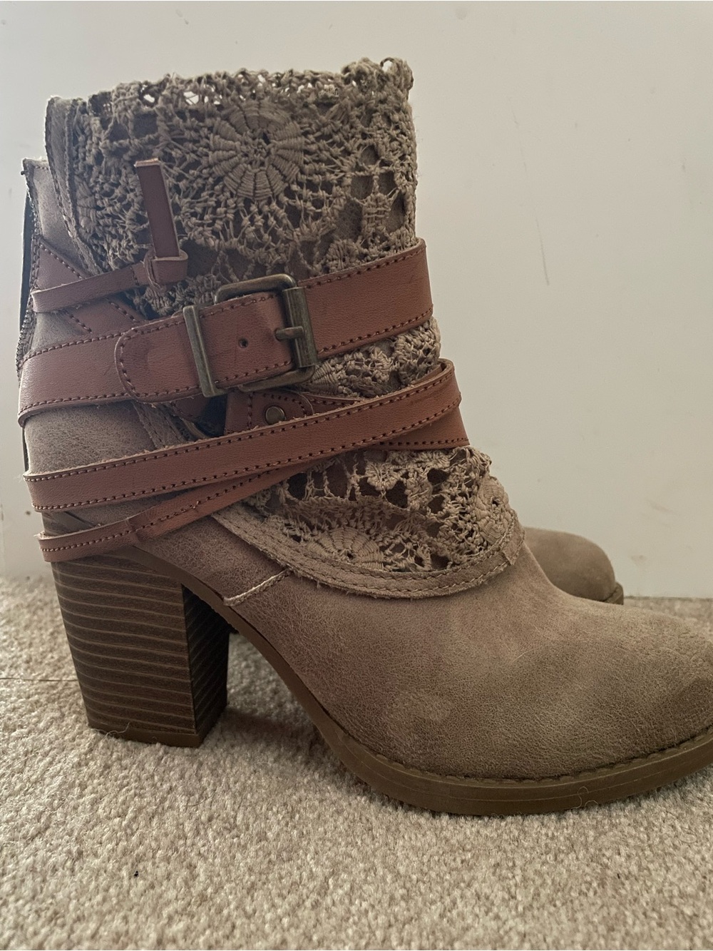 Sugar Taupe Crochet Wrap Strap Block Heel Ankle Boots